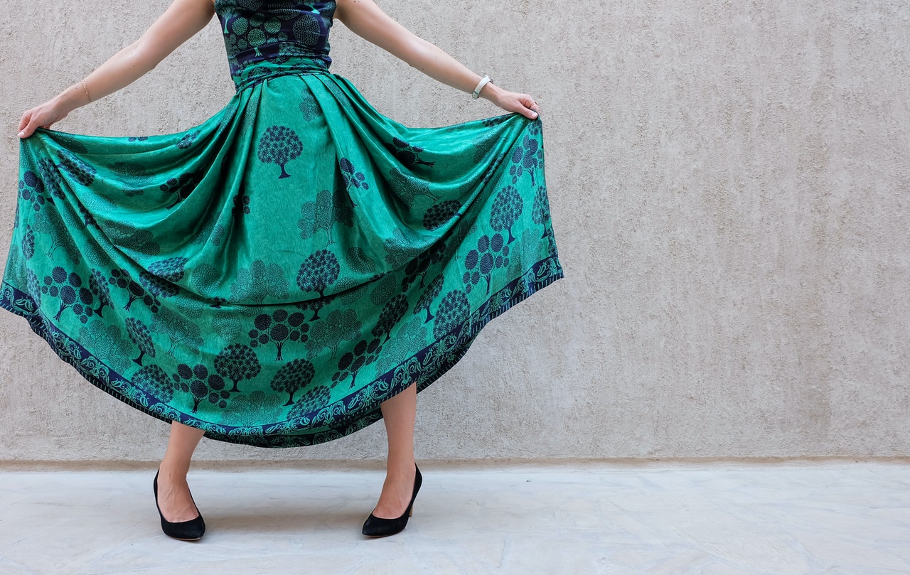 Long green skirt worn by a woman